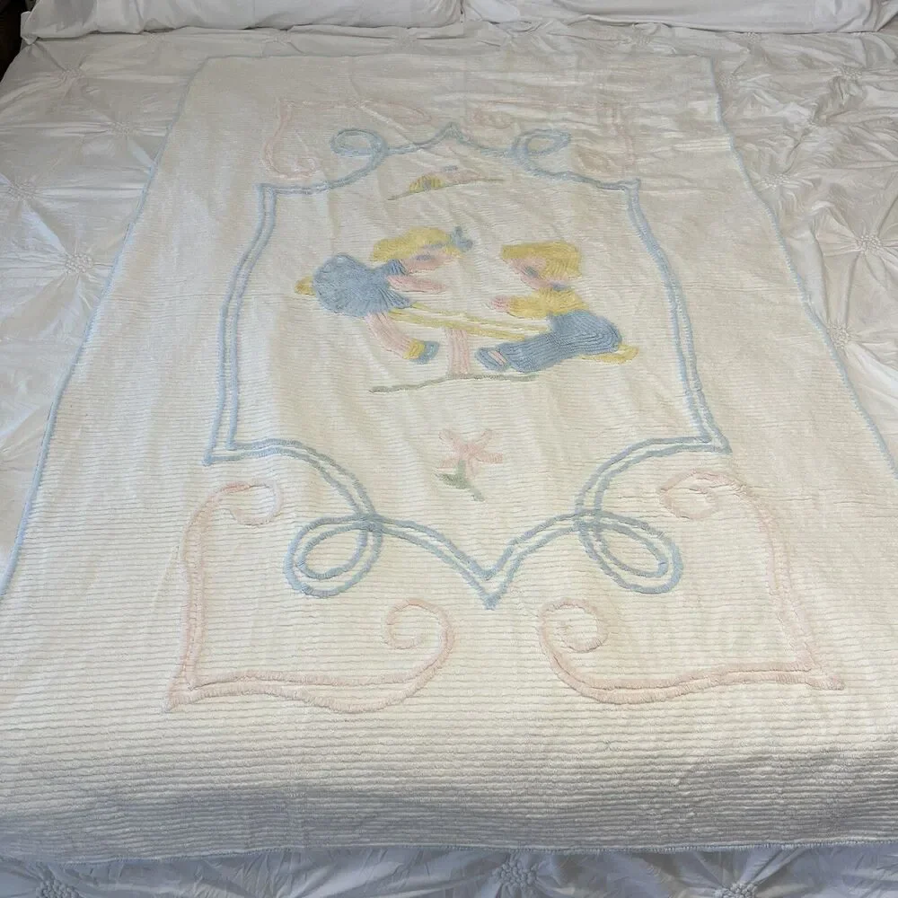 Vintage Antique 41” x 64” Chenille Blanket Baby Crib Boy Girl Teeter Totter Rare